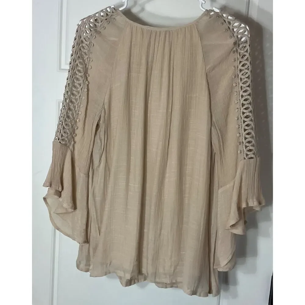 Indigo Rose Beige Crochet Bell Sleeve Lined Boho Peasant Cottage Hippy Tunic M - Picture 5 of 8